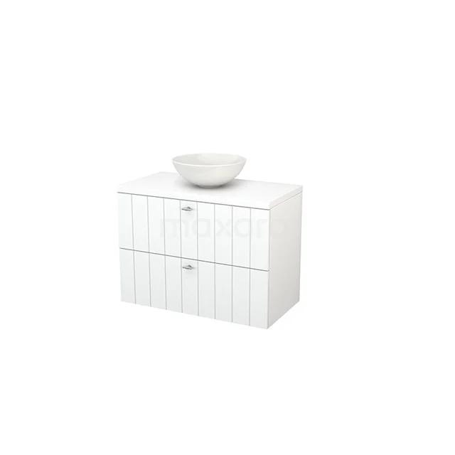 Modulo+ Plato Vanity units for countertop basin | 90 cm Matte white Slat front Matte white worktop 2 Stacked drawers BMK001840 White bathroom cabinet with horizontal lines, two drawers and ceramic basin, ideal for modern bathroom storage.