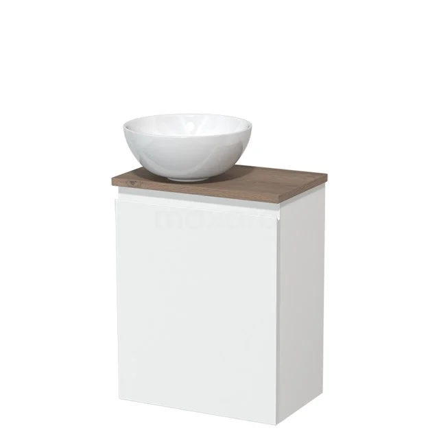 Toilet unit with countertop wash basin | 41 cm Matte white Handleless front High-gloss white Ceramic basin Mid brown oak worktop TMK10-04517