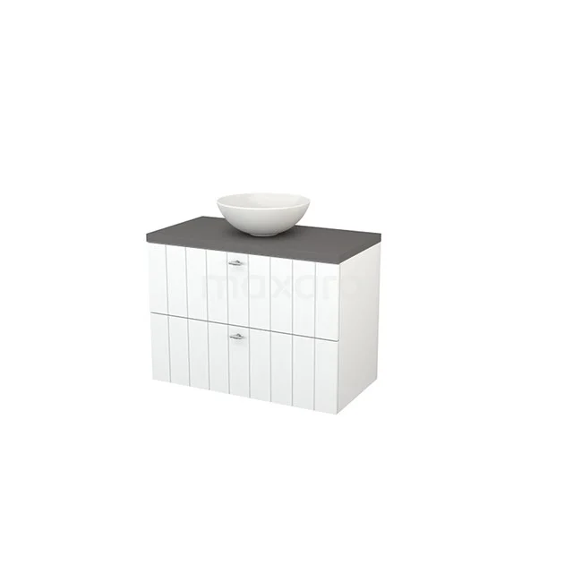 Modulo+ Plato Vanity units for countertop basin | 90 cm Matte white Slat front Basalt worktop 2 Stacked drawers BMK001841 White wooden bathroom unit with black worktop, two drawers and ceramic countertop wash basin, ideal for a modern bathroom style.