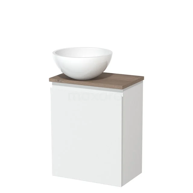 Toilet unit with countertop wash basin | 41 cm Matte white Handleless front High-gloss white Mineral marble basin Mid brown oak worktop TMK10-04524