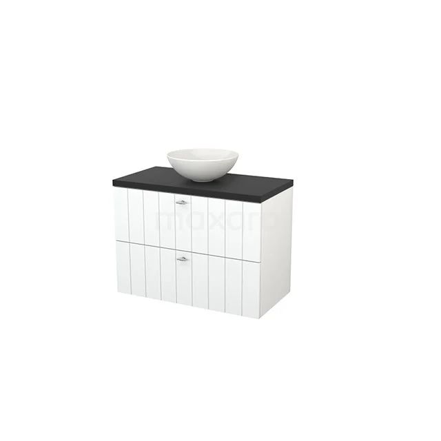 Modulo+ Plato Vanity units for countertop basin | 90 cm Matte white Slat front Carbon worktop 2 Stacked drawers BMK001842 White bathroom unit with black wooden worktop, ceramic countertop wash basin and ribbed fronts; stylish and functional for any bathroom.