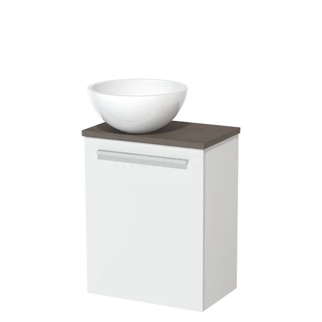 Weißes Badmöbel mit einer Holzoptik Platte und einem runden, porzellanenen Aufsatzwaschbecken; stilvolles und kompaktes Design.