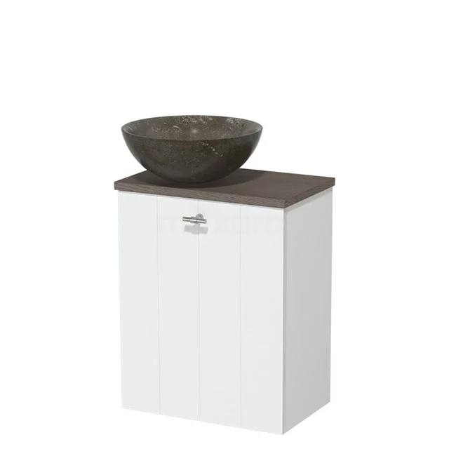 Toilet unit with countertop wash basin | 41 cm Matte white Lamel front Blue stone Natural stone Countertop wash basin Dark brown oak worktop TMK10-05746