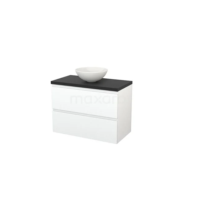 White bathroom unit with black worktop and surface-mounted countertop wash basin, modern design, ideal for stylish bathroom design.