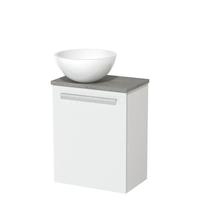 WC-Möbel mit Aufsatzwaschbecken | 41 cm Matt Weiß Glatte Front Hochglanz Weiß Mineralguss Aufsatzwaschbecken Graue Eiche Platte TMK10-01235 Weißer Badschrank mit grauer Platte und keramischem Waschbecken, kompaktes Design, ideal für moderne Badezimmerlagerung.