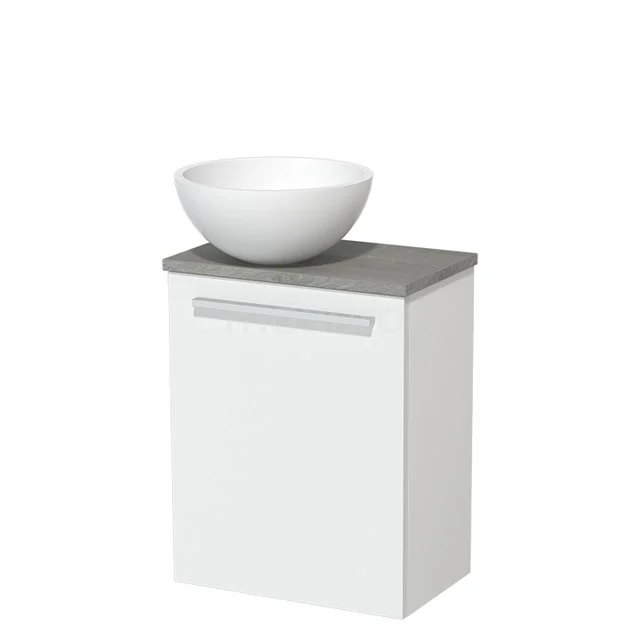 Toilet unit with countertop wash basin | 41 cm Matte white Flat front Matte white Solid surface wash basin Grey oak worktop TMK10-01236