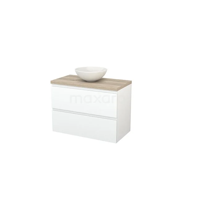 Modulo+ Plato Vanity units for countertop basin | 90 cm Matte white Handle-less front Oak worktop 2 Stacked drawers BMK001855 White hanging bathroom unit with two drawers, wooden worktop and round countertop wash basin, modern design for stylish bathroom furnishing.