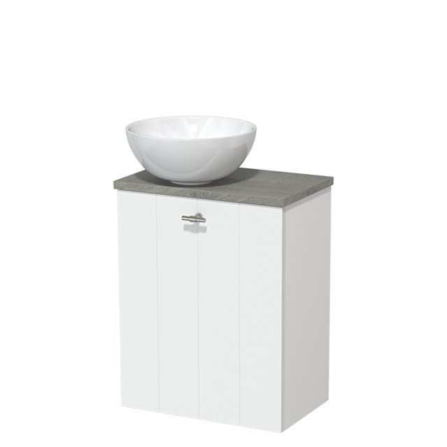 Toiletmeubel met waskom | 41 cm Mat wit Lamel front Hoogglans wit Keramiek waskom Grijs eiken blad TMK10-01238