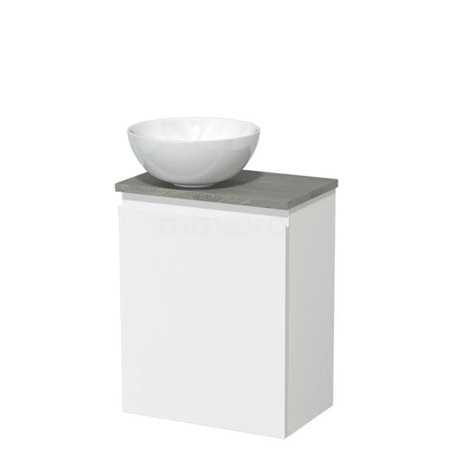 Toilet unit with countertop wash basin | 41 cm Matte white Handleless front High-gloss white Ceramic wash basin High-gloss white Ceramic worktop Grey oak worktop TMK10-01248