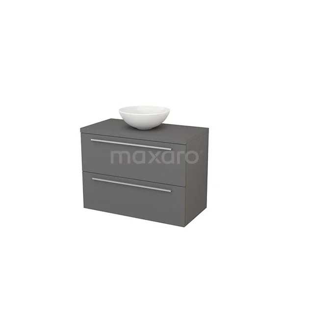 Grey bathroom furniture set with two drawers and white countertop wash basin, modern design made of wood, ideal for a stylish bathroom.