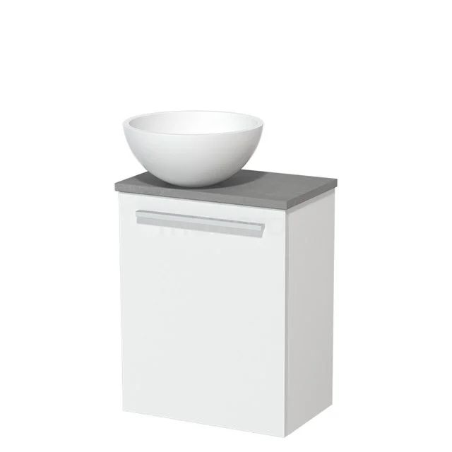 WC-Möbel mit Aufsatzwaschbecken | 41 cm Matt Weiß Glatte Front Matt Weiß Aufsatzwaschbecken Hellgrauer Beton Platte TMK10-05783 Weißes Badezimmermöbel mit grauer Platte und rundem Waschbecken, kompaktes Design, ideal für moderne Bäder.