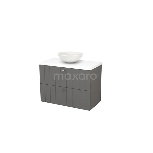 Modulo+ Plato Badkamermeubel voor waskom | 90 cm Basalt Lamel front Mat wit blad 2 lades onder elkaar BMK001861