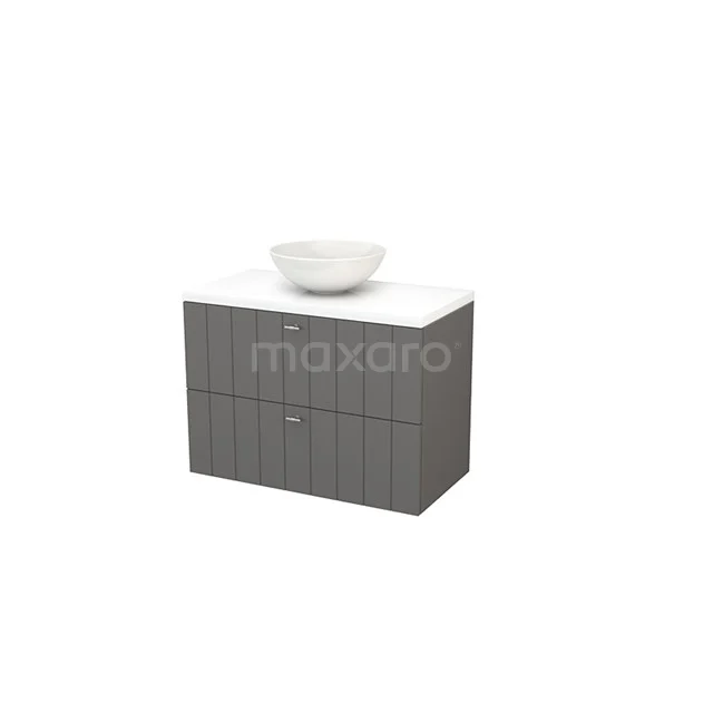 Grey bathroom furniture set with white basin, modern ribbed design and two drawers; stylish storage solution for the bathroom.