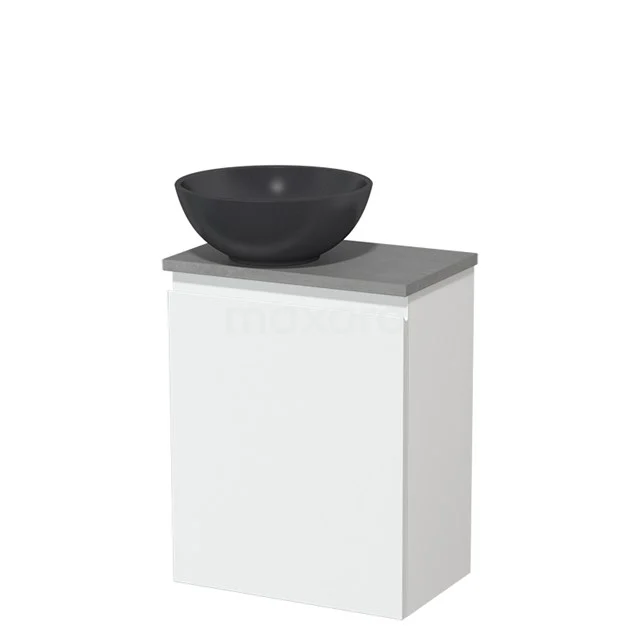 White bathroom unit with grey worktop and black basin, modern design, compact size for small bathrooms.