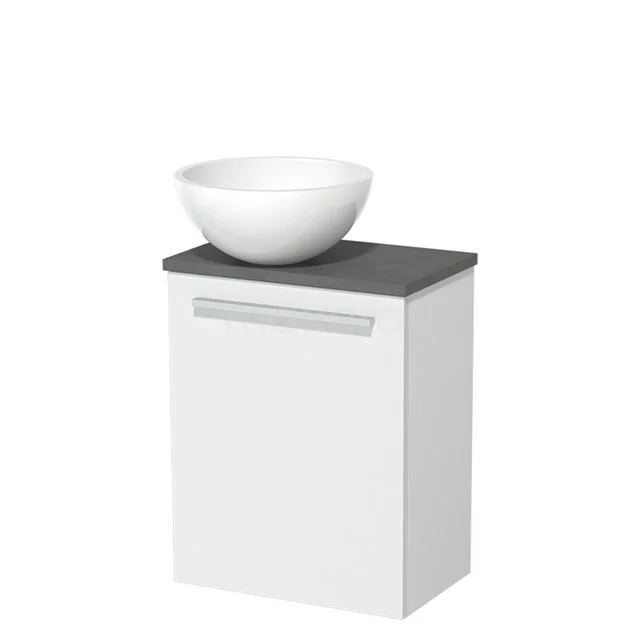 WC-Möbel mit Aufsatzwaschbecken | 41 cm Matt Weiß Glatte Front Hochglanz Weiß Mineralguss Aufsatzwaschbecken Dunkelgrauer Beton Platte TMK10-05802 Weißes Badezimmermöbel mit grauer Platte und weißem Aufsatzwaschbecken, modernes Design, geeignet für moderne Badezimmerräume.