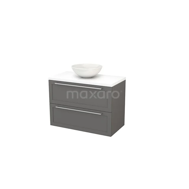 Modulo+ Plato Vanity units for countertop basin | 90 cm High-gloss white Frame front High-gloss white worktop 2 Stacked drawers BMK001865 Grey Bathroom cabinet with two drawers and white countertop wash basin, modern design, ideal for stylish bathroom storage.
