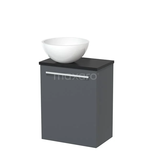 WC-Möbel mit Aufsatzwaschbecken | 41 cm Dunkelgrau Glatte Front Hochglanz Weiß Mineralguss Aufsatzwaschbecken Matt Schwarz Platte TMK10-04713 Graue Badmöbel mit schwarzer Platte und rundem weißen Aufsatzwaschbecken, elegantes Design perfekt für einen modernen Badezimmerstil.
