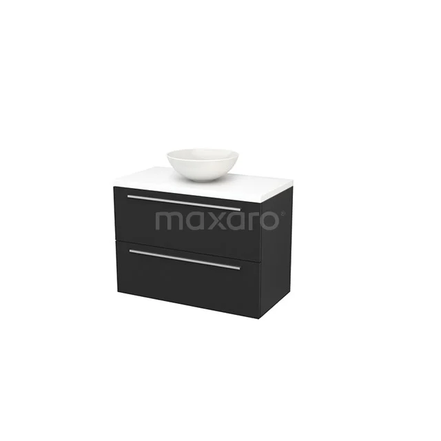 Modulo+ Plato Vanity units for countertop basin | 90 cm Matte white Flat front Matte white worktop 2 Stacked drawers BMK001870 Black bathroom furniture set with white basin, modern design, 2 drawers, ideal as a compact storage solution in small bathrooms.