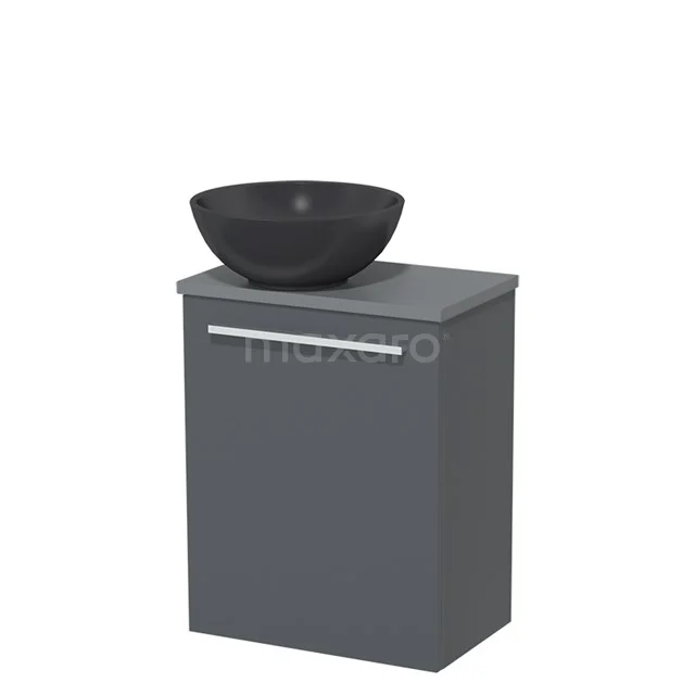 Grau Badmöbel mit matt schwarzem Waschbecken in runder Form, modernes Design, ideal für kompakte Bäder.