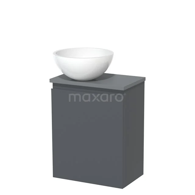 Toilet unit with wash basin | 41 cm Dark grey Handleless front High-gloss white Mineral marble countertop wash basin Mid grey worktop TMK10-01325 Grey bathroom cabinet with top shelf and white, round countertop wash basin; modern design, ideal for small bathrooms.
