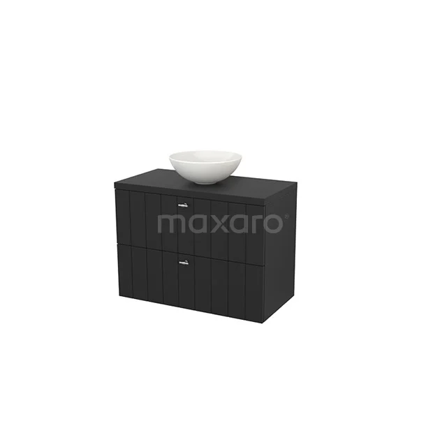 Black wooden bathroom unit with white round basin, sleek design and two drawers for optimal storage space.