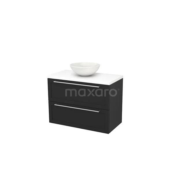 Black vanity unit with white ceramic countertop wash basin, modern style, suitable for stylish bathroom design.