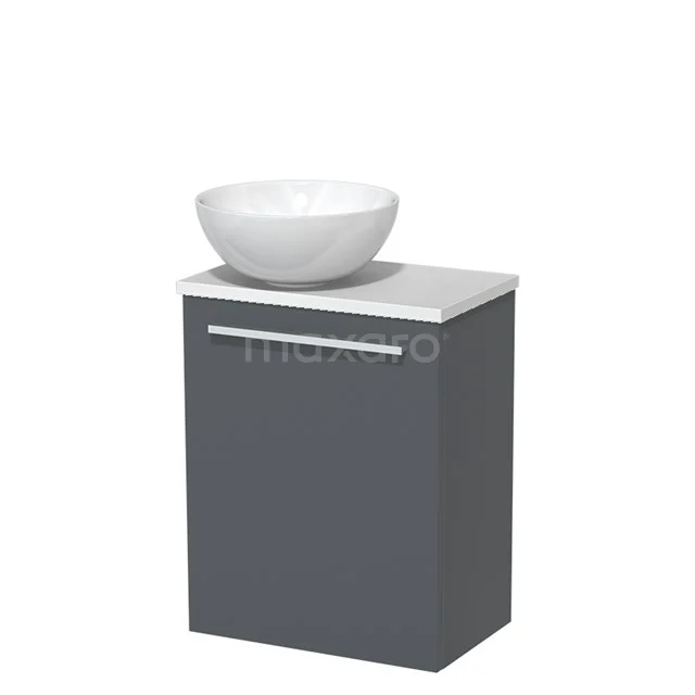 WC-Möbel mit Aufsatzwaschbecken | 41 cm Dunkelgrau Glatte Front Hochglanz Weiß Keramik-Aufsatzwaschbecken Hochglanz Weiß Platte TMK10-05840 Grauer Badschrank mit keramischer weißer Waschbecken, modernes Design, ideal für kompakte Badezimmereinrichtungen.