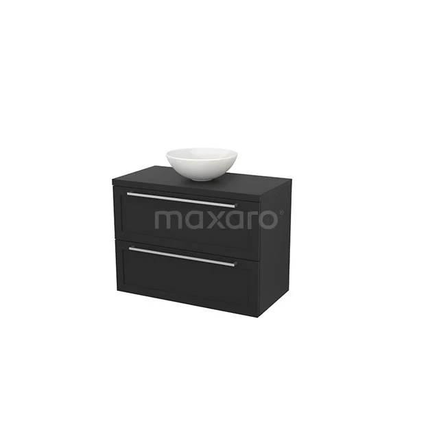 Modulo+ Plato Vanity units for countertop basin | 90 cm Carbon front Carbon worktop 2 Stacked drawers BMK001878 Black hanging bathroom cabinet with two drawers and white countertop wash basin, sleek design made of wood, ideal for modern bathroom design.