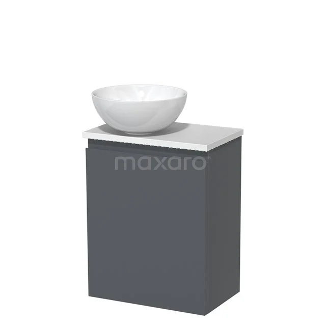 Grauer Badschrank mit weißem Waschbecken aus Keramik, modernes Design, ideal für kompakte Badezimmer.