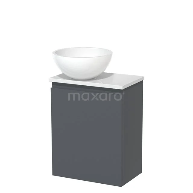WC-Möbel mit Aufsatzwaschbecken | 41 cm Dunkelgrau Grifflose Front Hochglanz Weiß Mineralguss Aufsatzwaschbecken Hochglanz Weiß Platte TMK10-05857 Dunkelgrauer Badschrank mit weißem Marmorwaschbecken, runde Schalenform, kompaktes Design, ideal für moderne Bäder.
