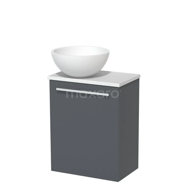 Grey bathroom cabinet with white basin, modern design, ideal for compact bathrooms.