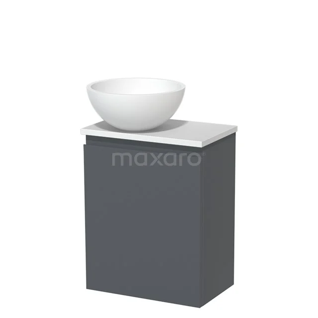 Toilet unit with countertop wash basin | 41 cm Dark grey Handleless front Matte white Solid surface wash basin Matte white worktop TMK10-01366 Grey bathroom cabinet with white ceramic countertop wash basin, compact design, ideal for modern bathrooms.