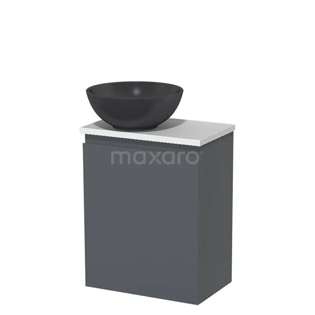 Toilet unit with countertop wash basin | 41 cm Dark grey Handleless front Matte black Quartz wash basin Matte white worktop TMK10-01372 Grey bathroom cabinet with black countertop wash basin, modern design, compact shape and sleek white worktop, ideal for stylish bathrooms.