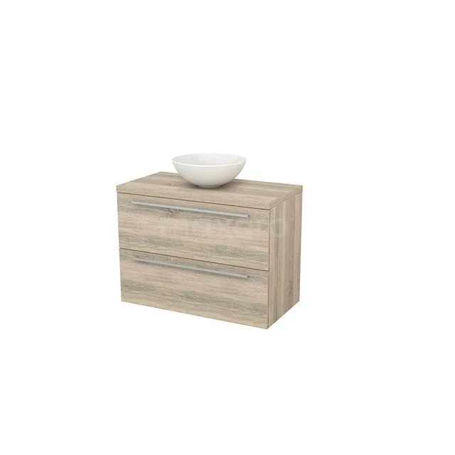 Bathroom units for countertop wash basin 90cm Modulo+ Plato Oak 2 Drawers Flat BMK001884 Wooden bathroom unit with natural finish, two drawers and a white ceramic basin, ideal for modern bathrooms.