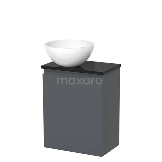 Grey bathroom furniture set with black top and white round countertop wash basin, modern design for stylish bathrooms.