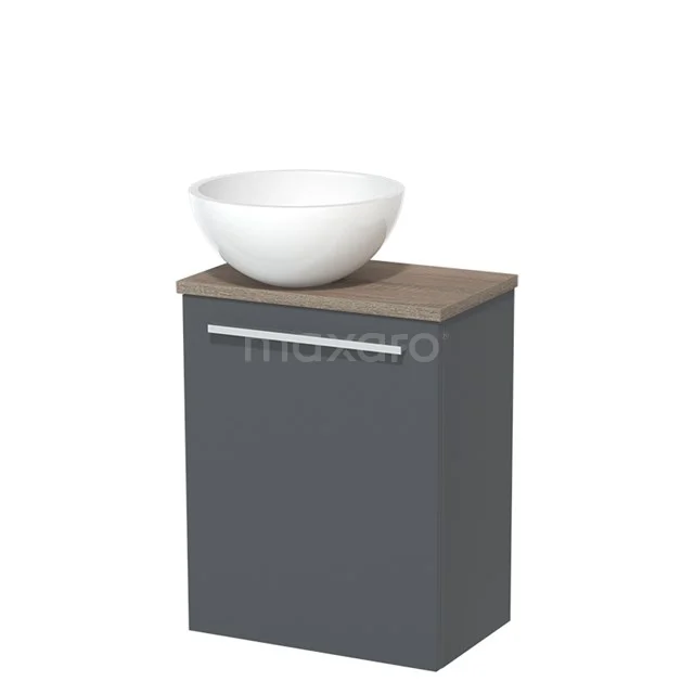 WC-Möbel mit Aufsatzwaschbecken | 41 cm Dunkelgrau Glatte Front Hochglanz Weiß Mineralguss Aufsatzwaschbecken Eiche Platte TMK10-05902 Grauer Badschrank mit Holzplatte und Waschbecken, modernes, elegantes Design, ideal für Badezimmerlagerung.