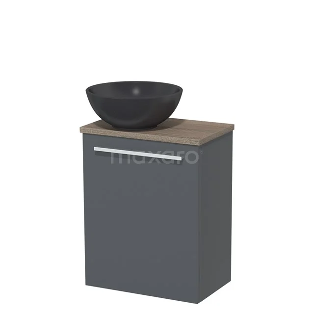 Grauer Badschrank mit Holzoptik Platte und rundem schwarzen Aufsatzwaschbecken, ideal für eine stilvolle und kompakte Badezimmergestaltung.