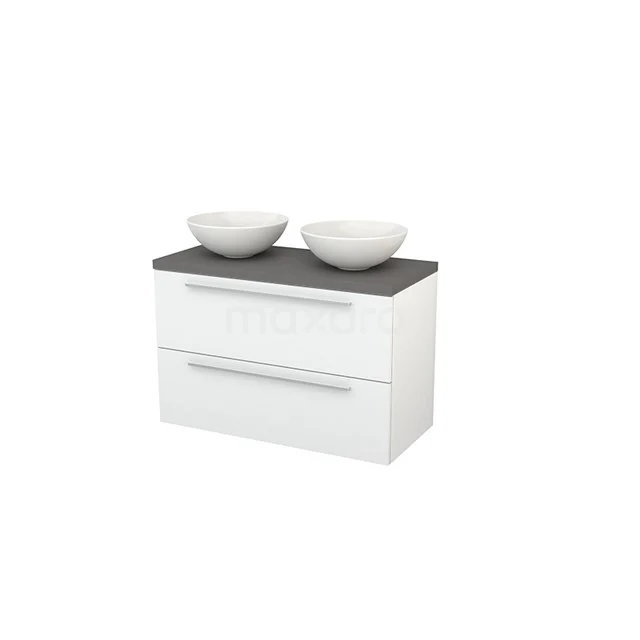 Modulo+ Plato Vanity units for countertop basin | 100 cm High-gloss white Flat front Basalt worktop 2 Stacked drawers BMK001901 White bathroom unit with anthracite worktop and double countertop wash basins, modern design, ideal for stylish bathroom design.