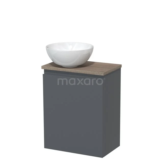 Grey bathroom cabinet with wooden worktop and white ceramic countertop wash basin, compact design for modern bathrooms.