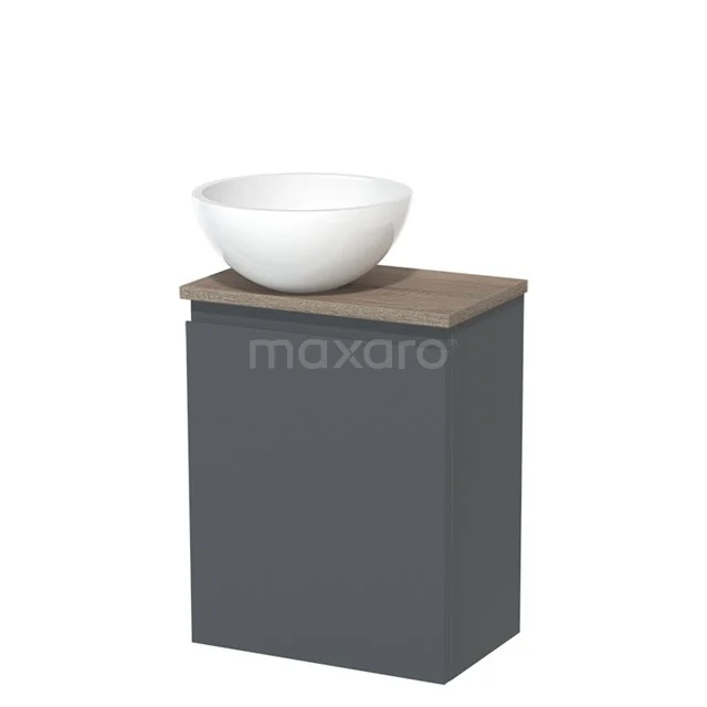 Grey bathroom cabinet with wooden worktop and white bowl-shaped basin, modern design for stylish bathroom spaces.