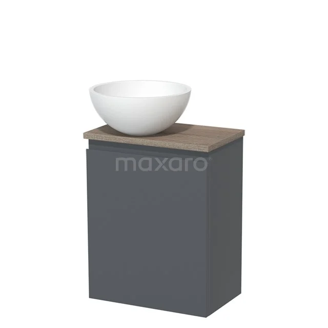 Grey bathroom unit with wood-look worktop and white ceramic countertop wash basin, compact design for modern bathrooms.