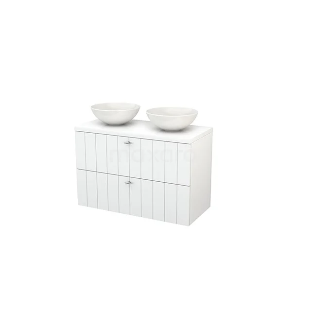 White bathroom unit with double vanity units for countertop wash basins, modern ribbed structure and soft-close drawers, ideal for stylish bathrooms.