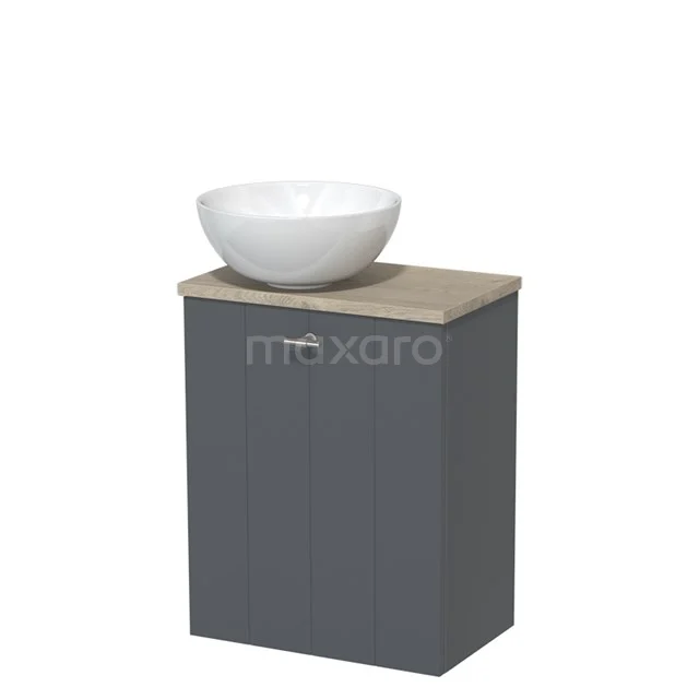 Bathroom cabinet in grey with wood-look worktop and round white countertop wash basin, ideal for a stylish and compact bathroom design.