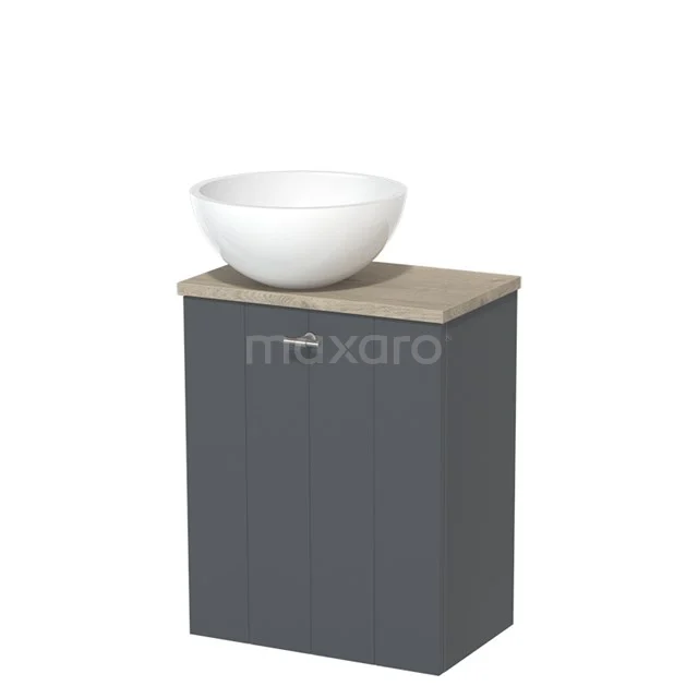 Grey bathroom cabinet with wood-look worktop and white ceramic basin bowl, compact design suitable for small bathrooms.
