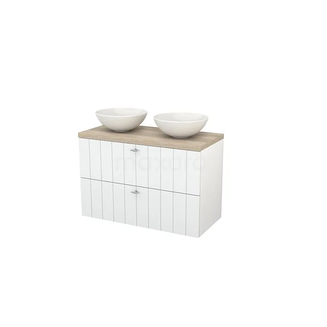 White wooden bathroom unit with horizontal line pattern, two ceramic basins and a light wooden worktop.