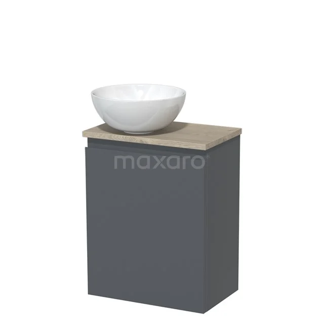 Grauer Badschrank mit Holzoptik Platte und weißem rundem Aufsatzwaschbecken, kompaktes Design ideal für moderne Bäder.