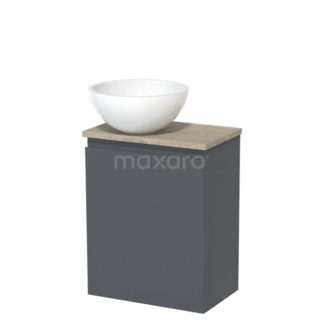 Grauer Badschrank mit Holzlook Platte und weißem Aufsatzwaschbecken; modernes Design, ideal für kompakte Bäder.