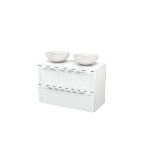White floating bathroom unit with two drawers and matching double countertop wash basins, modern design and sleek finish.