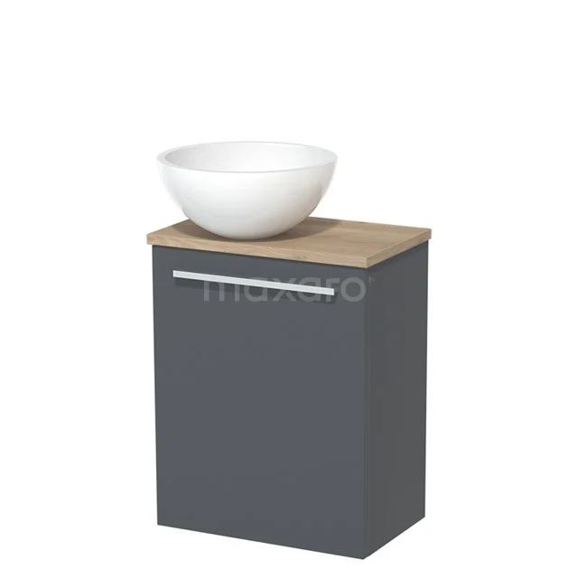 Toiletmeubel met waskom | 41 cm Donkergrijs Vlak front Hoogglans wit Mineraalmarmer waskom Lichtbruin eiken blad TMK10-02817