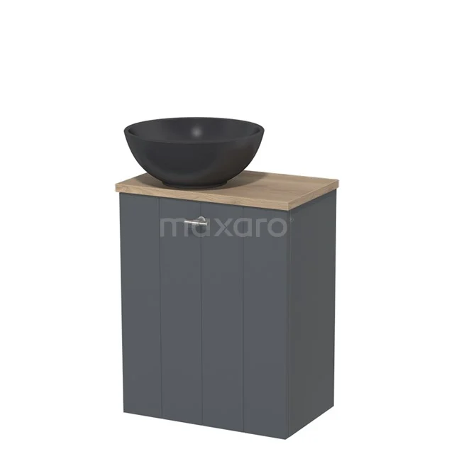 Grey bathroom furniture set with wooden worktop and round basin in black, modern design and compact size.